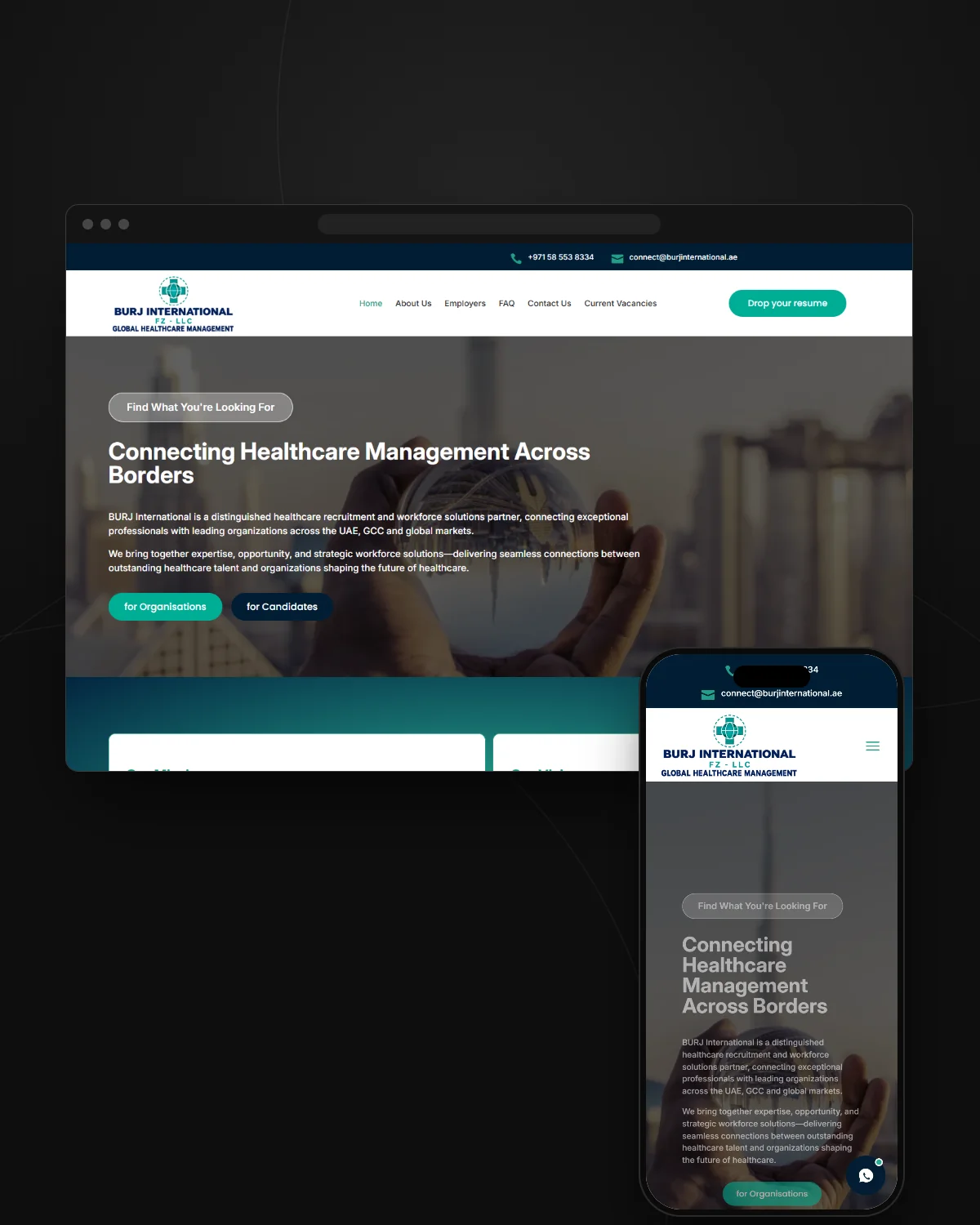 BURJ International website shown on a laptop and a phone, with the headline Connecting Healthcare Management Across Borders